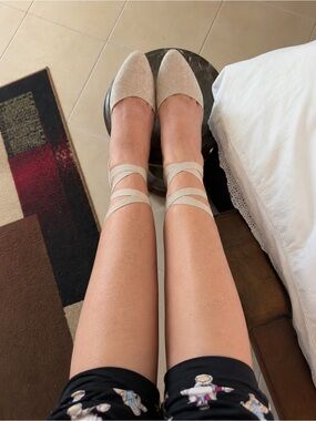 Sparkly Pointed Toe Ankle Wrap Flats in Light Champagne